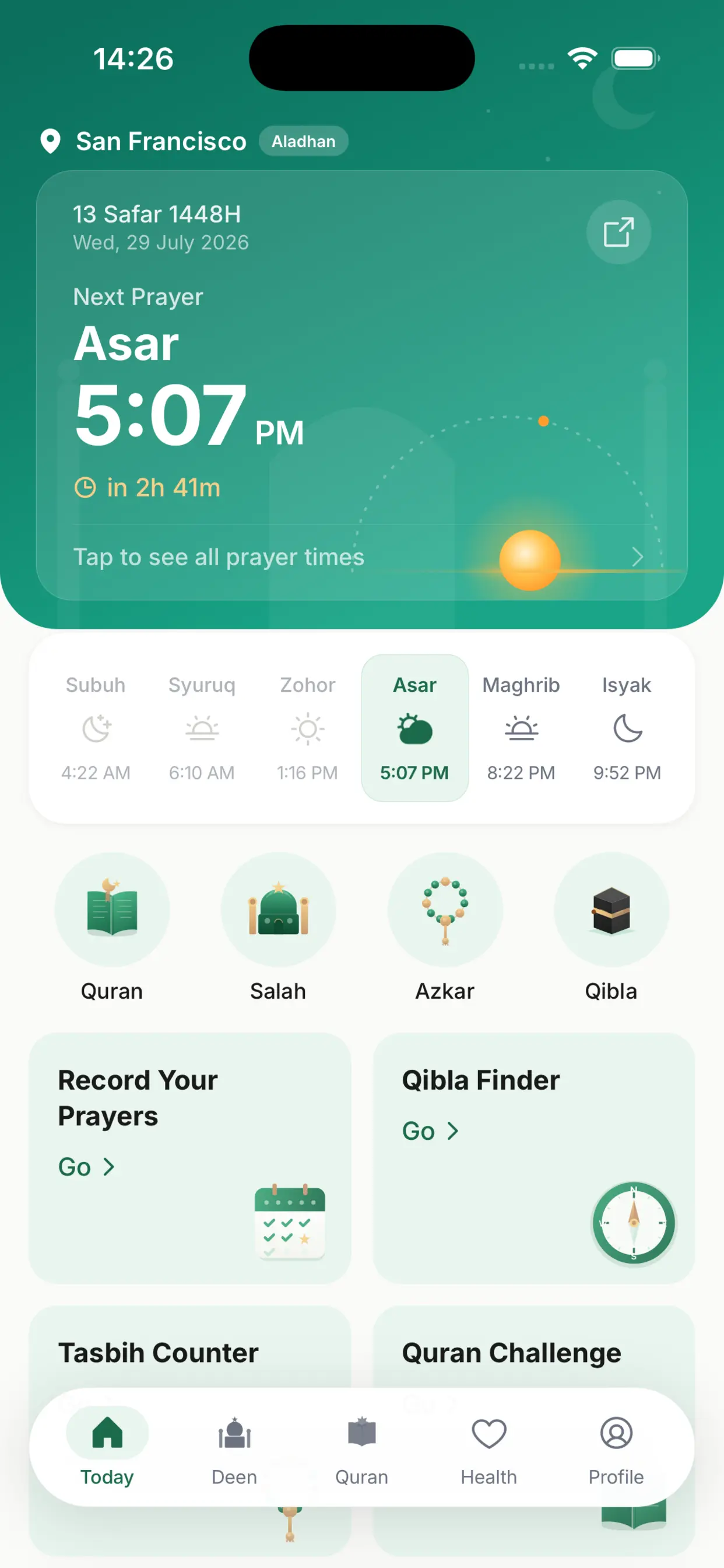 The Success Muslim app with prayer times and shortcuts for Quran, Salah, Azkar and Qibla.